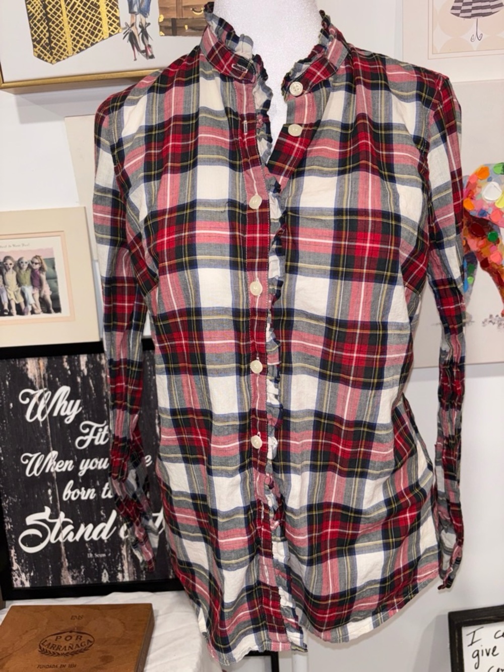 J. Crew Red Plaid Ruffle-Trim Button-Up Blouse